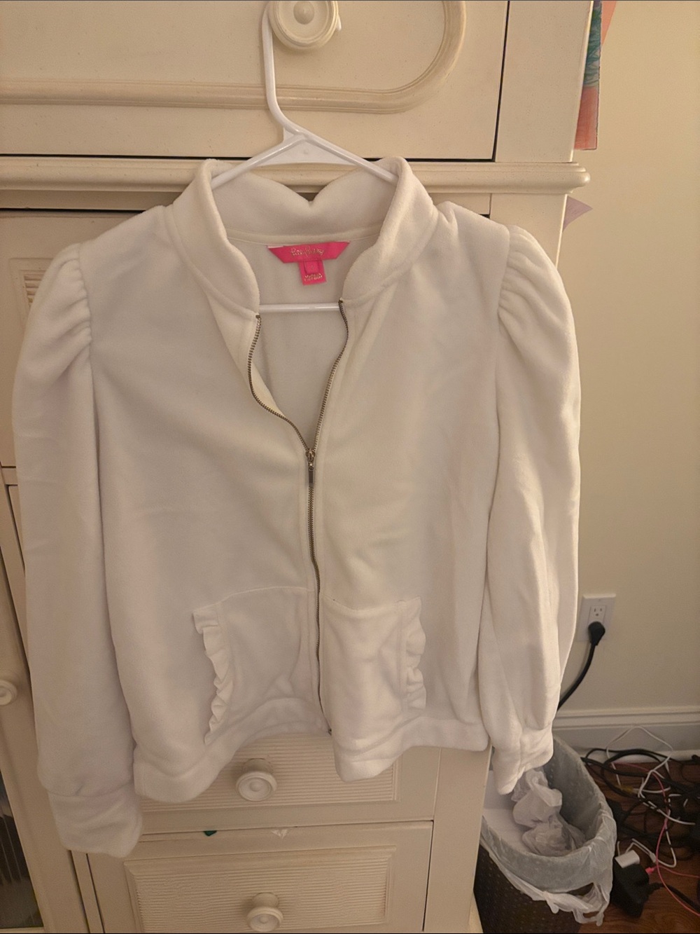 Lilly Pulitzer White velour Women's Zip-Front Jacket with Ruffle Pockets